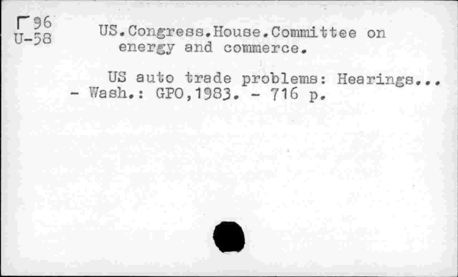 ﻿T96
U-58
US.Congress,House.Committee on energy and commerce.
US auto trade problems: Hearings.
- Wash.: GPO,1983. - 716 p.